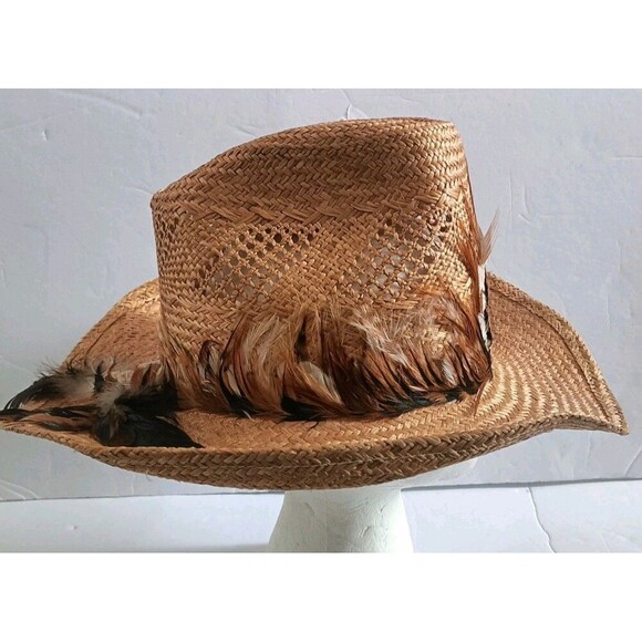 Vintage Levi's Hat Straw Cowboy 1970’s Original Feathers Sz Large Coastal Cowboy - Picture 2 of 10